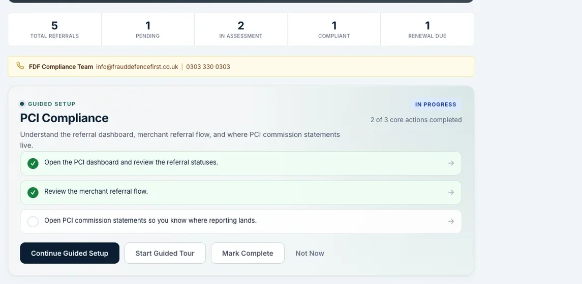 Valtura PCI compliance dashboard showing referral volumes and merchant statuses.